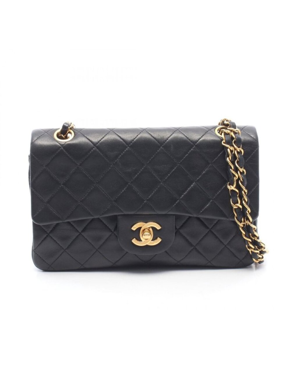 Chanel Shoulder Bag Quilted Double Flap Black Lambskin Chain